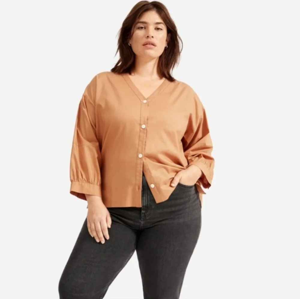 🔥 (5for$35) ANTHRO EVERLANE Lantern Button Down Top Silky Cotton Tawny Brown